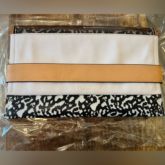 Coach White and Tan Clutch with Black Pattern